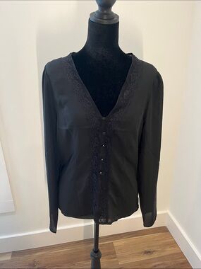 T.J.Maxx Black Lace-Trim Button Down Blouse